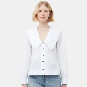 GANNI Crisp White Poplin Oversized Collar Button Front Blouse Small NWOT